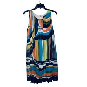 Trulli Sheer Overlay Pleated Sleeveless Shift Dress Multicolor Striped Size 6